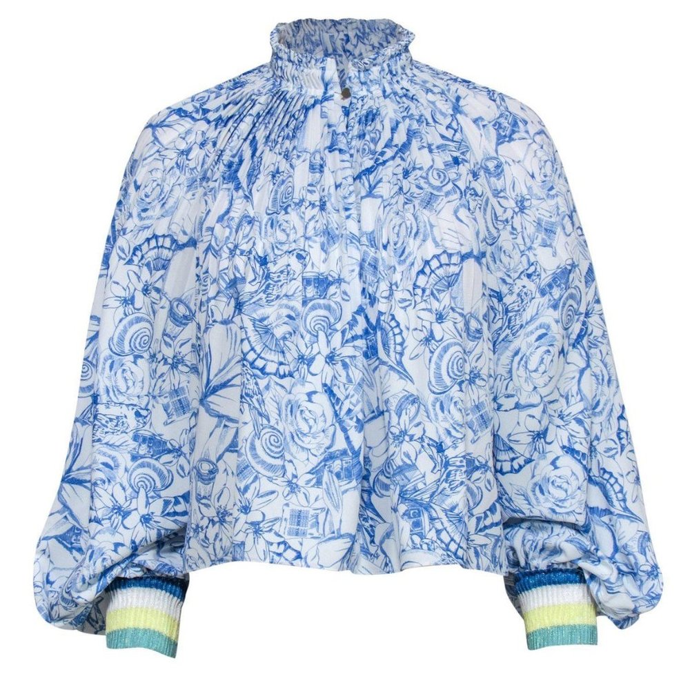 TIBI Isa Toile Blue White Print Blouse
